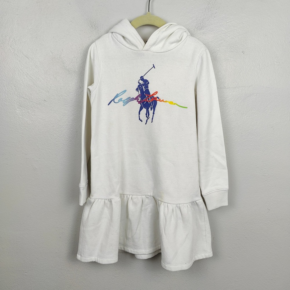 Polo Ralph Lauren Hoodie Dress Girls‎ 6 White Rainbow Pony Logo Preppy